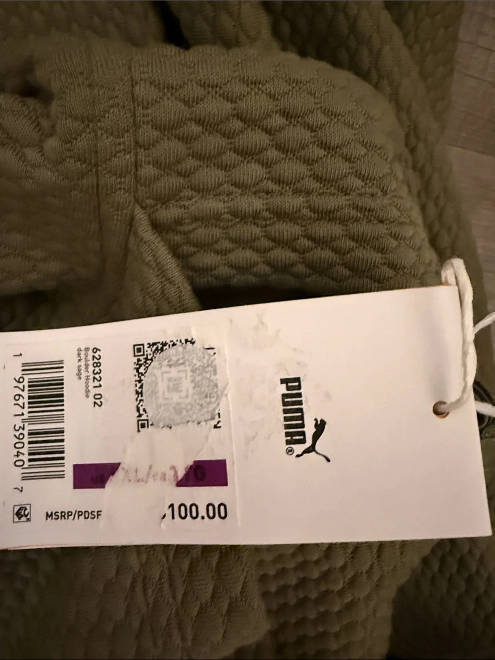 Puma Olive Green Textured Hooded Crewneck Sweater